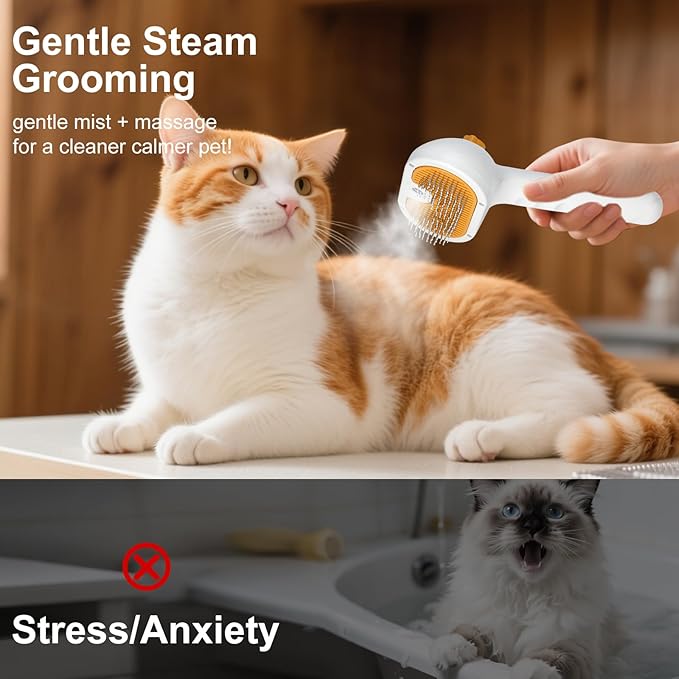 Pet Steam Brush for Dog & Cat - 3-in-1 Steam Grooming Brush for Shedding & Hair Removal - Self Cleaning Spray Comb with Mist for Long Haired Pets - Includes 2*Waterless Shampoo, Yellow