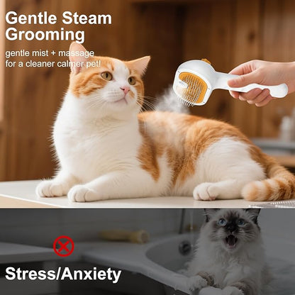 Pet Steam Brush for Dog & Cat - 3-in-1 Steam Grooming Brush for Shedding & Hair Removal - Self Cleaning Spray Comb with Mist for Long Haired Pets - Includes 2*Waterless Shampoo, Yellow