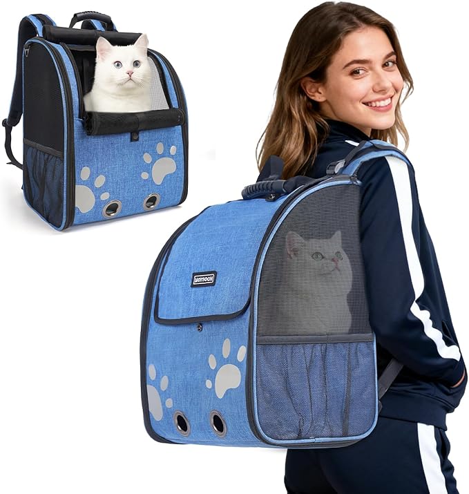 Cat Backpack Carrier with Comfort Handle, Ventilated Cat Backpack with Reflective Strips, Foldable Cat Carrying Backpack for Cats up to 17 lbs and Small Dogs up to 13 lbs (Blue)