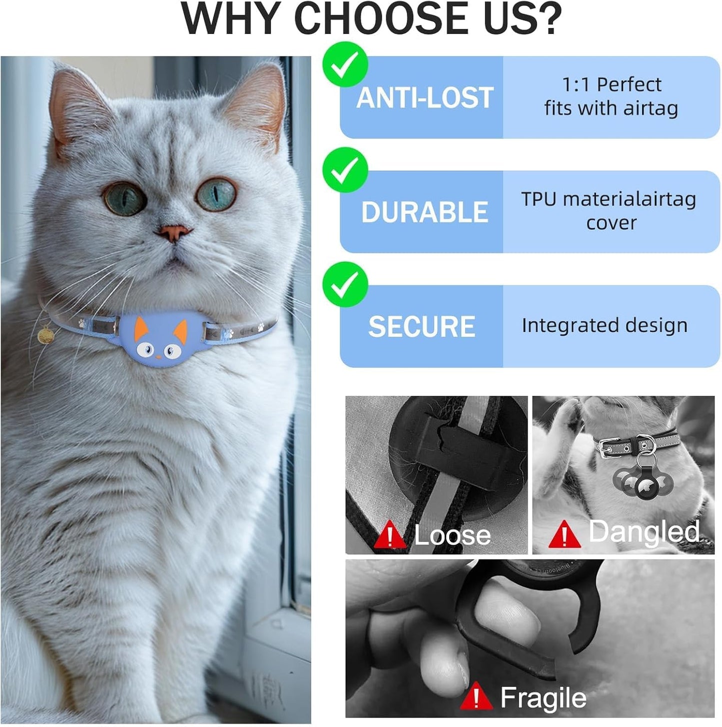 Airtag Cat Collar Breakaway, Reflective Kitten Collar with Apple Air Tag Holder and Bell for Girl Boy Cats, Lightweight Cat Collars for Apple AirTag, Hidden GPS Tracker Holder for Cats, Blue (9-13")