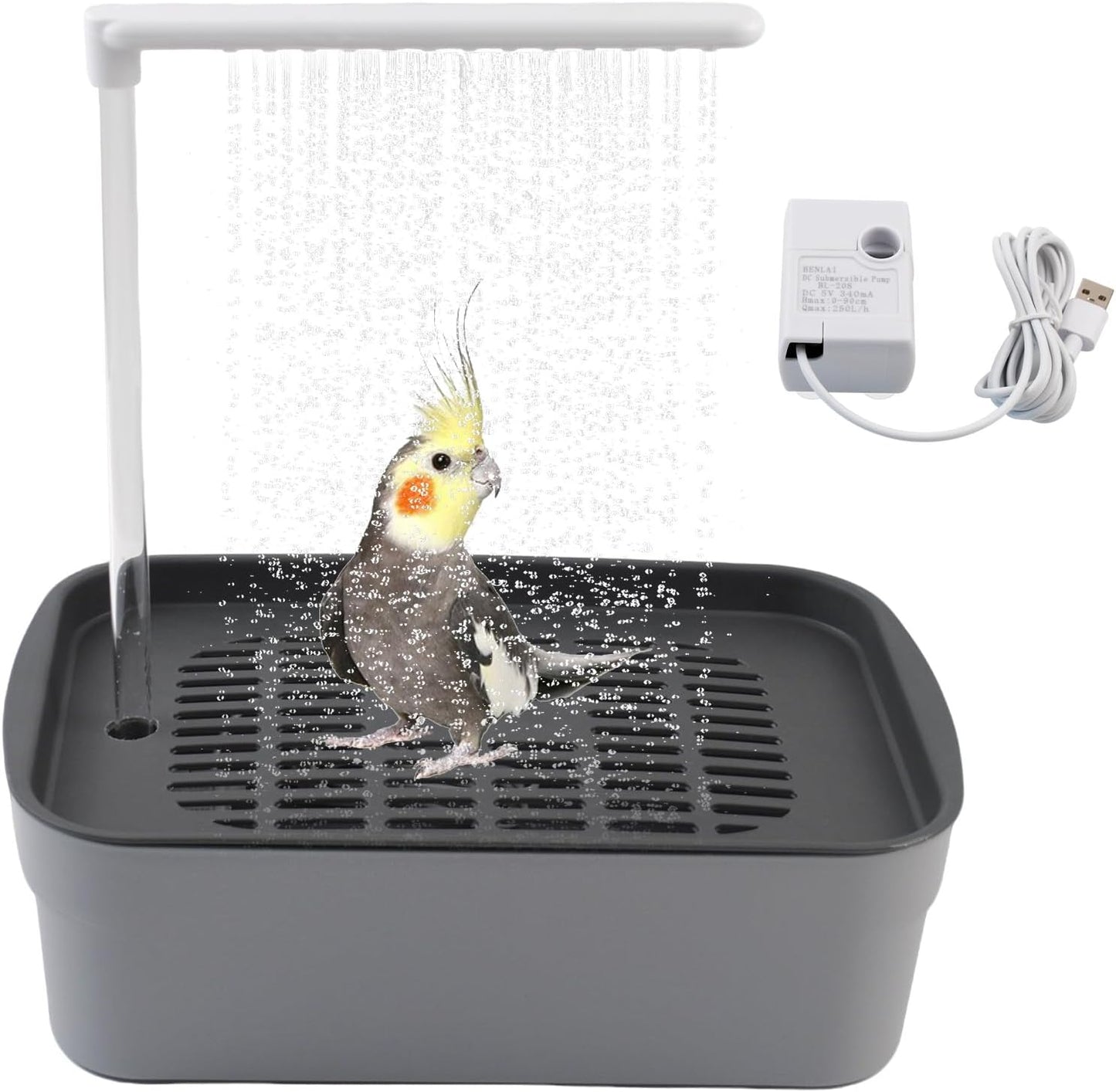 PINVNBY Automatic Bird Bath Shower for Cage,Parrot Bath Box with Pump,Parakeet Bathtub Electric Fountain Circulating Water Contains USB Power Plug for Cockatiel Lovebird Conure Budgie(Gray)