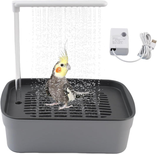 PINVNBY Automatic Bird Bath Shower for Cage,Parrot Bath Box with Pump,Parakeet Bathtub Electric Fountain Circulating Water Contains USB Power Plug for Cockatiel Lovebird Conure Budgie(Gray)