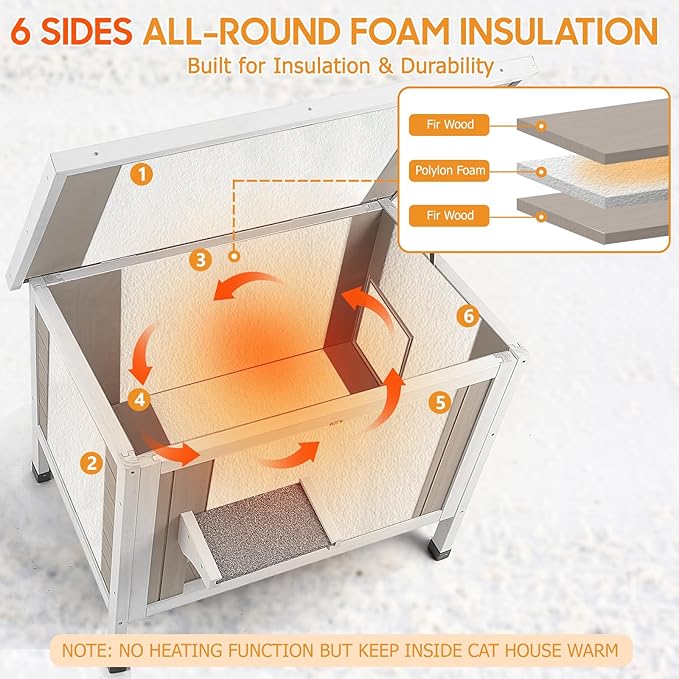 PetsCosset Insulated Cat House Outdoor Weatherproof Feral Cat Shelter for Winter, All-Round Foam Insulation Wooden Pet House for Outdoor Cat with Raised Base, Openable Roof (30.7"L x 21.7"W x 25.6"H)