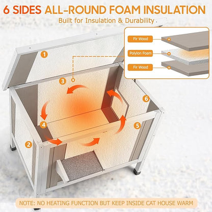 PetsCosset Insulated Cat House Outdoor Weatherproof Feral Cat Shelter for Winter, All-Round Foam Insulation Wooden Pet House for Outdoor Cat with Raised Base, Openable Roof (30.7"L x 21.7"W x 25.6"H)