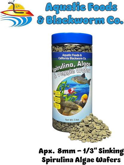 Aquatic Foods Inc. 8mm - 1/3" Small Sinking Wafers of Spirulina, Algae for Bottom Fish, Plecos, Catfish, Shrimp, Snails, Crabs & Tropicals. 4-Type Wafer & 12-Type Pellet Mix Included...10oz Canister