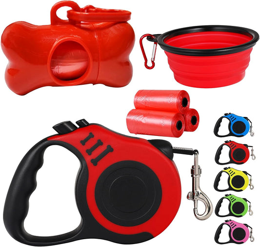 Retractable Heavy Duty Dog Leash - 16FT Red, Tangle-Free Nylon Tape, Anti-Slip Handle, with Waste Bag Dispenser for Small Dog or Cat up to 26 lbs