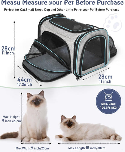Siivton Cat Carrier,4 Sided Expandable Pet Carrier for Travel,Collapsible Soft-Sided Carriers with Removable Fleece Pad and Shoulder Straps,Airline Approved(17.5"x 11"x 11")