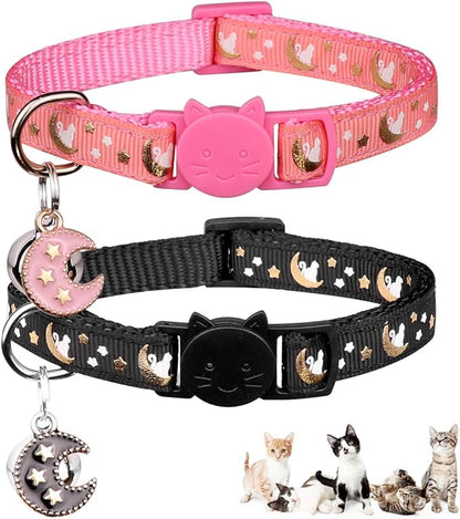 2Pcs Breakaway Cats Collars Cat Collars for Boy & Girl Cats Moons Adjustable Kitten Collars with Bell & Pendant Glow in The Dark,Black+Pink