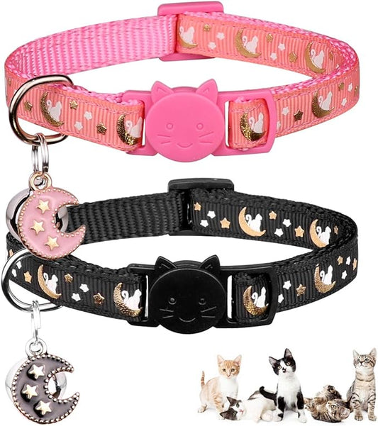 2Pcs Breakaway Cats Collars Cat Collars for Boy & Girl Cats Moons Adjustable Kitten Collars with Bell & Pendant Glow in The Dark,Black+Pink