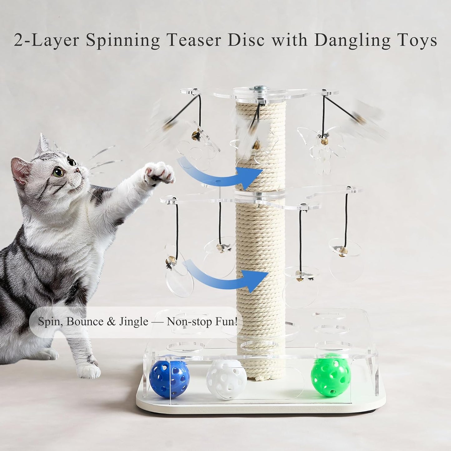 Modern 3-in-1 Interactive Cat Toy with Scratching Post, Cat Puzzle Toys for Indoor Cats with Colorful Jingle Balls, 2-Layer Spinning Teaser Disc with Dangling Toys, Acrylic, White