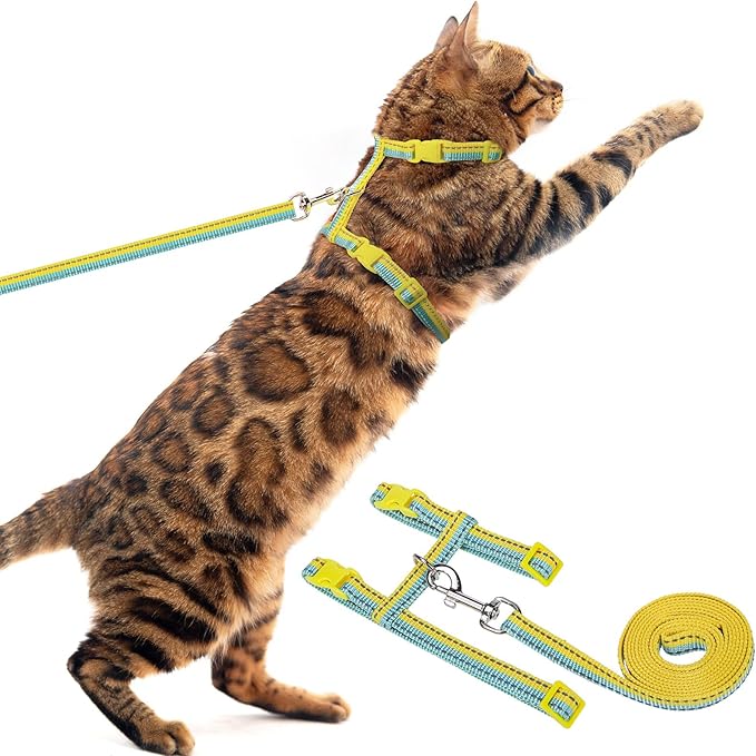 PUPTECK Adjustable Cat Harness and Leash Set Escape Proof Kitten Strap Collar for Walking Travel, Yellow Blue