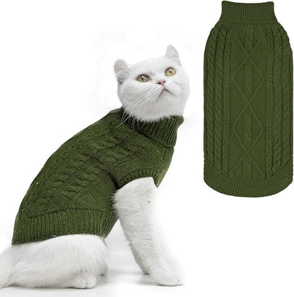 PUPTECK Winter Cat Sweater Coat - Soft Warm Cold Weather Clothes Knitwear for Kittens & Small Dogs Indoor Outdoor Wearing, Knitted Classic for Doggies Kitties Girls Boys, Dark Green, S