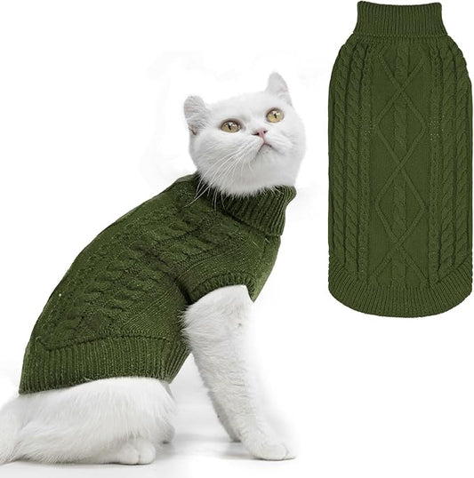 PUPTECK Winter Cat Sweater Coat - Soft Warm Cold Weather Clothes Knitwear for Kittens & Small Dogs Indoor Outdoor Wearing, Knitted Classic for Doggies Kitties Girls Boys, Dark Green, S