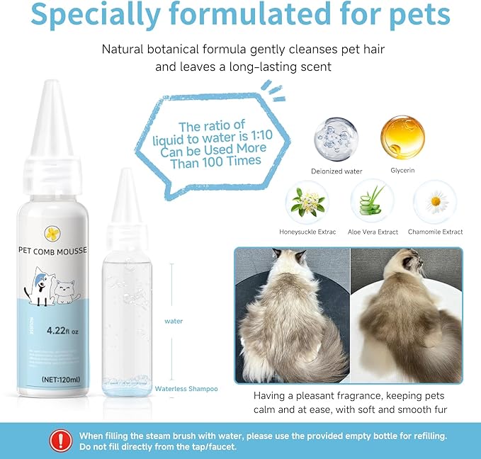 Pet Steam Brush Spray Refill for Dogs & Cats – Pets Waterless Shampoo, 3-in-1 Grooming Spray Comb Mist, 1*Shampoo(Steam Brush not Included)