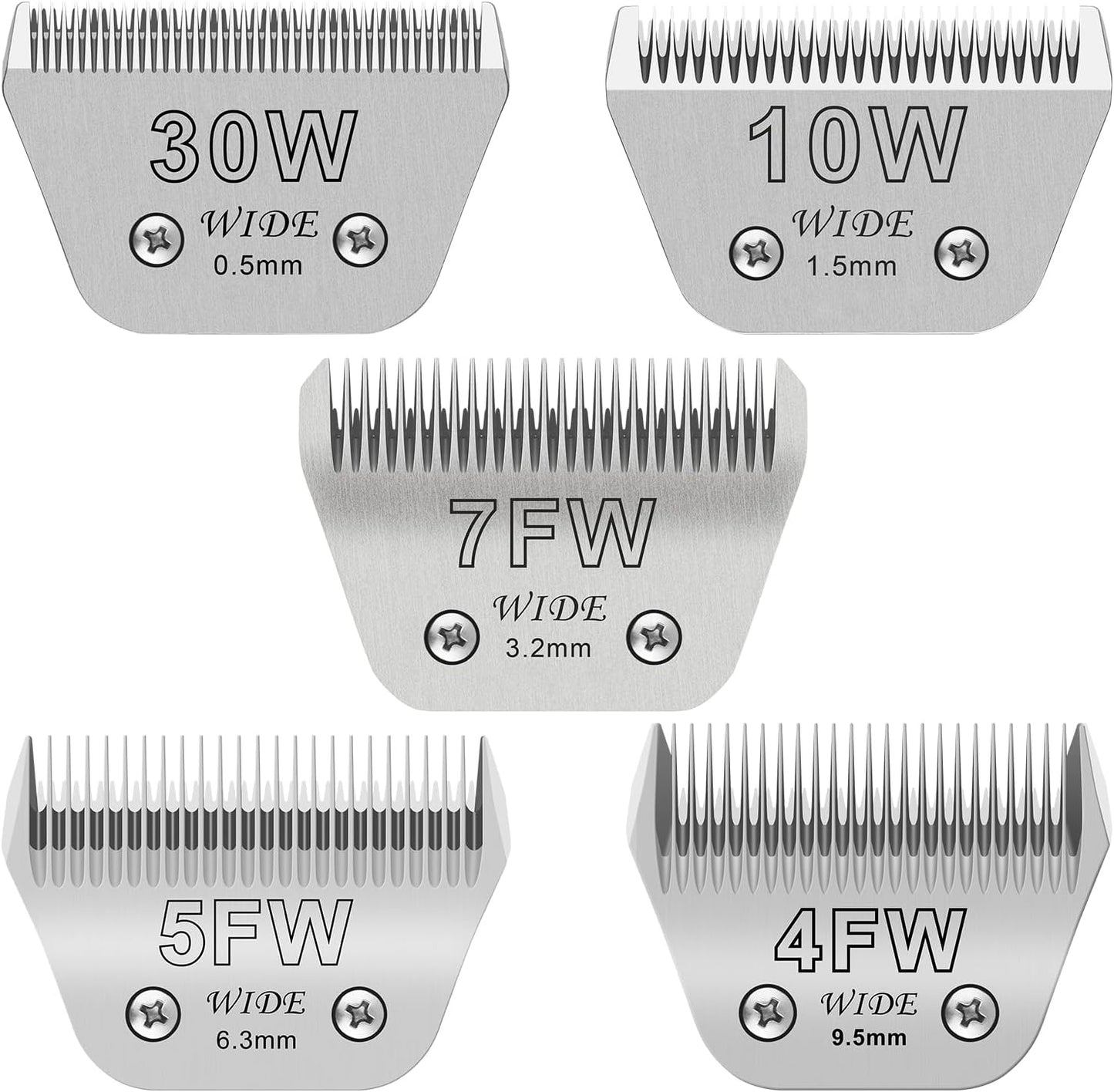 30W+10W+7FW+5FW+4FW Wide Pet Dog Grooming Detachable Blades Kit,Compatible with Andis,Oster A5,Wahl KM10 Clippers,Cut Length 1/50"(0.5mm) to 3/8" (9.5mm),5 Pack