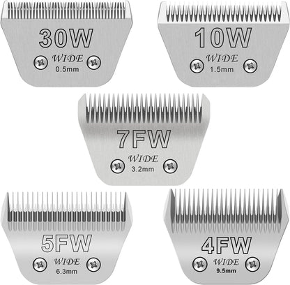 30W+10W+7FW+5FW+4FW Wide Pet Dog Grooming Detachable Blades Kit,Compatible with Andis,Oster A5,Wahl KM10 Clippers,Cut Length 1/50"(0.5mm) to 3/8" (9.5mm),5 Pack
