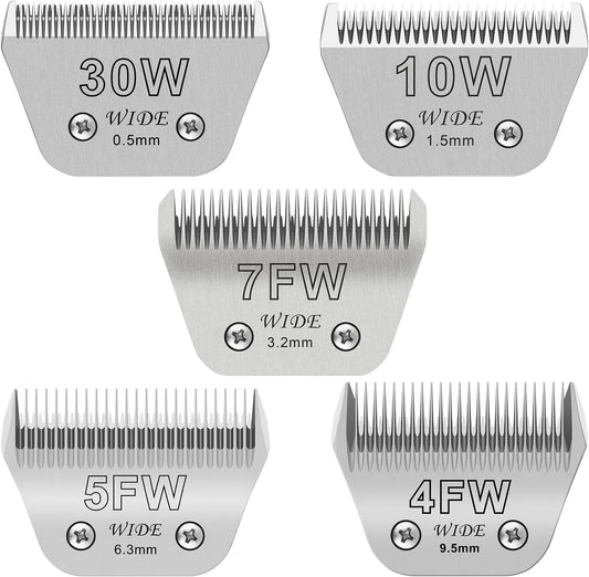 30W+10W+7FW+5FW+4FW Wide Pet Dog Grooming Detachable Blades Kit,Compatible with Andis,Oster A5,Wahl KM10 Clippers,Cut Length 1/50"(0.5mm) to 3/8" (9.5mm),5 Pack