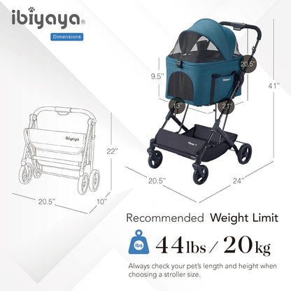 ibiyaya Essential – Travois Tri-Fold Pet Travel System for Medium Dogs, Cats, and More, 3 in 1 Dog Stroller with Detachable Carrier, XL Cabin (Nautical Blue)