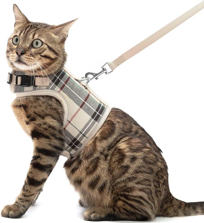 PUPTECK Soft Mesh Cat Vest Harness and Leash Set Puppy Padded Pet Harnesses Escape Proof for Cats Small Dogs Rabbits Bunny, Plaid Beige, L