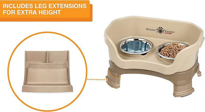 Neater Feeder Deluxe Mess Proof Dog Bowls Elevated for Small Breeds – Made in USA – No Spill Raised Dog Food Bowl Stand w/Leg Extensions – Stainless Steel Dog Food and Water Bowl Set – Beige