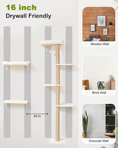 FUKUMARU Cat Wall Shelves, Stable Wall Mounted Cats Furniture Set, Kitten Scratching Post with Soft Cushion Perch, Space Saving Climbing Wall for 16 Inch Drywall - Beige