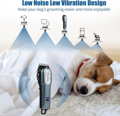 BESTBOMG Professional Dog Grooming Clippers for Thick Heavy Coats Low Noise High Power Rechargeable LED Display Cordless Pet Shaver for Small & Large Dogs Cats