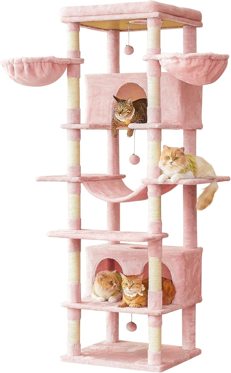 MWPO Pink Extra Large Cat Tree, 77.6-Inch Tall Cat Tower for Indoor Cats with 2 Condos, Multi-Level Cat Stand for Large Cats, 3 Hammocks, Wide Perch, Scratching Posts, Dangling Toys