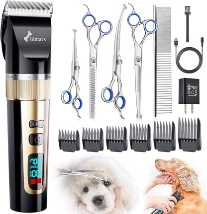 Gimars Cordless 4 Speed 7000rpm Dog Clippers with 6 in 1 4CR Stainless Steel Dog Grooming Scissors Kits, Low Noise 55db Rechargeable Pet Hair Thick Coat Trimmer Cat Shaver Clippers Kit for Cat Pet