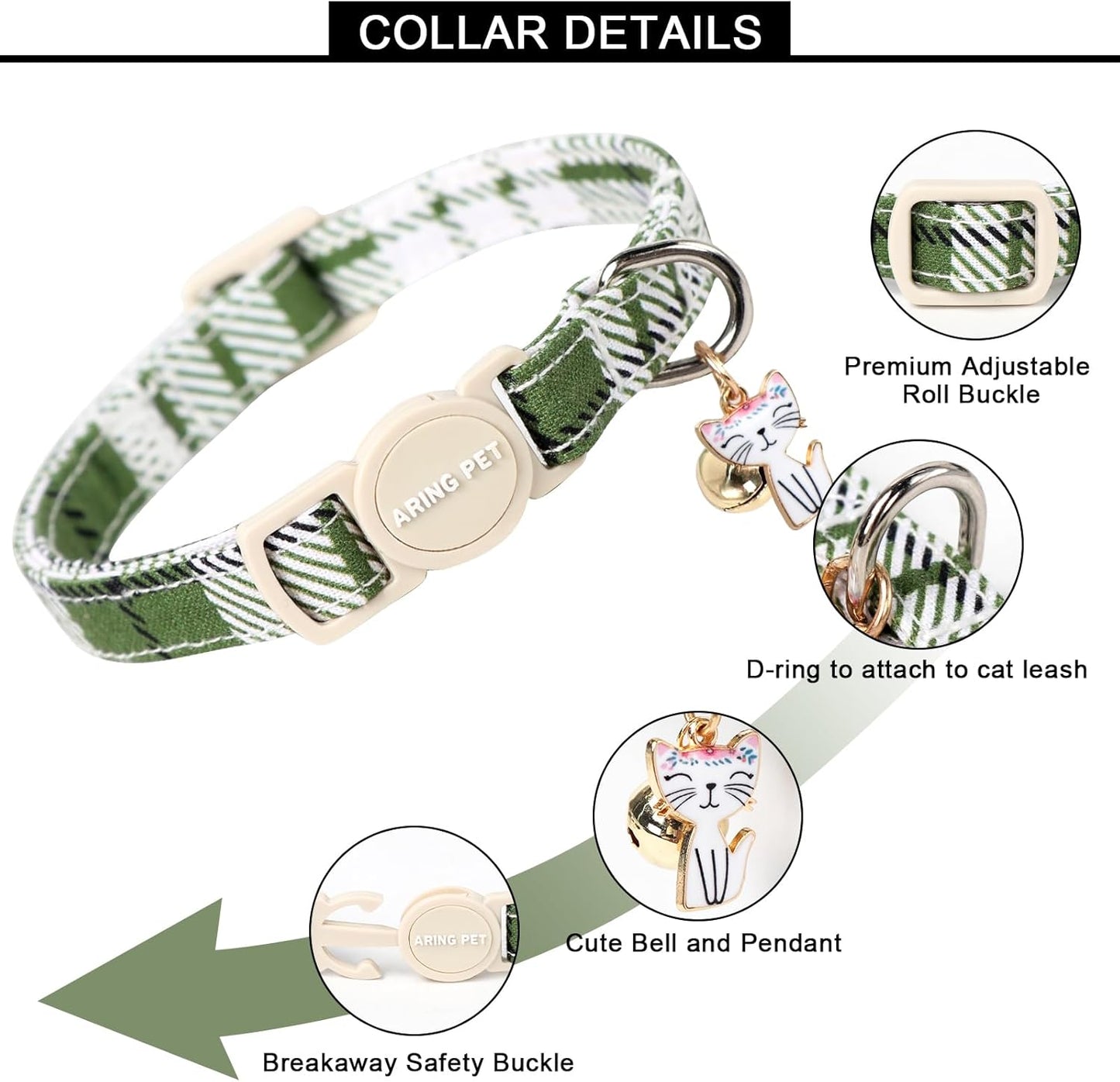 ARING PET 2 Pack Cat Collar-Cute Cotton Cat Collar with Bell & Pendant, Adjustable Spring Kitten Collars with Safety Buckle for Girl and Boy Pets
