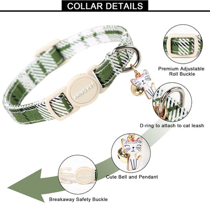 ARING PET 2 Pack Cat Collar-Cute Cotton Cat Collar with Bell & Pendant, Adjustable Spring Kitten Collars with Safety Buckle for Girl and Boy Pets