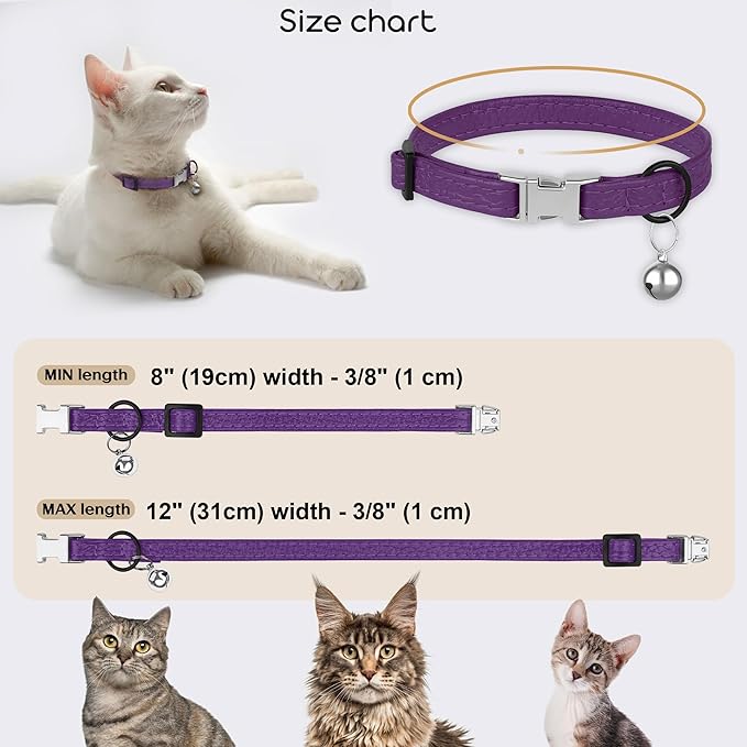 Leather Cat Collar with Buckle and Removable Bell - Non Breakaway Adjustable Soft Safety Small Pet Collars for Girl Boy Cats Kitten (Purple)
