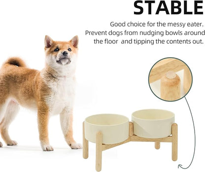 Ceramic 6.1inch Raised Dog Bowl with Stand for Small and Medium Breed Dog Dish Pet Food and Water Bowl (Double Bowl with Stand - Beige, 28oz)