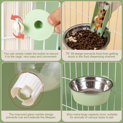 Hanging Automatic Food Feeder and Water Dispenser Bunny Gravity Feeding Station Waterer Set Self-Dispensing Feeder for Rabbit,Ferret,Guinea Pigs Chinchillas Hedgehog