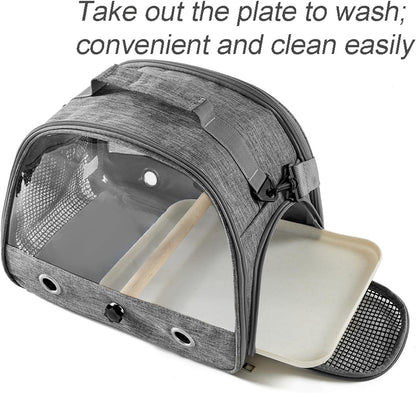 Small Bird Carrier Cage with Standing Perch & Tray Portable & Breathable Pet Travle Transport Carry Bag with Shoulder Strap for Vet Visit & Outdoor Walking (Grey)