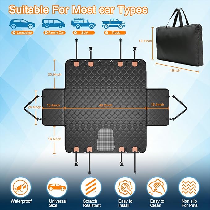 Leather Back Seat Extender for Dogs, Waterproof Dog Car Seat Covers for Back Seat with Hard Bottom, Dog Hammock for Car SUV and Truck（With Anti Scraatch Mesh Window and Retractable Belt Harness)