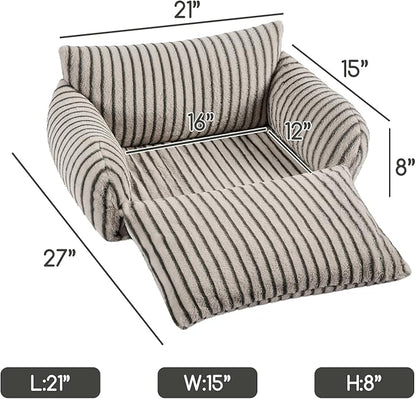 Hollypet Cat Bed Fluffy Plush Mutifuctional Double-Layer Soft Pet Couch Orthopedic Sofa Nest Beds for Small Cats and Dogs, Dark Gray Stripes (21x15x8 inch)