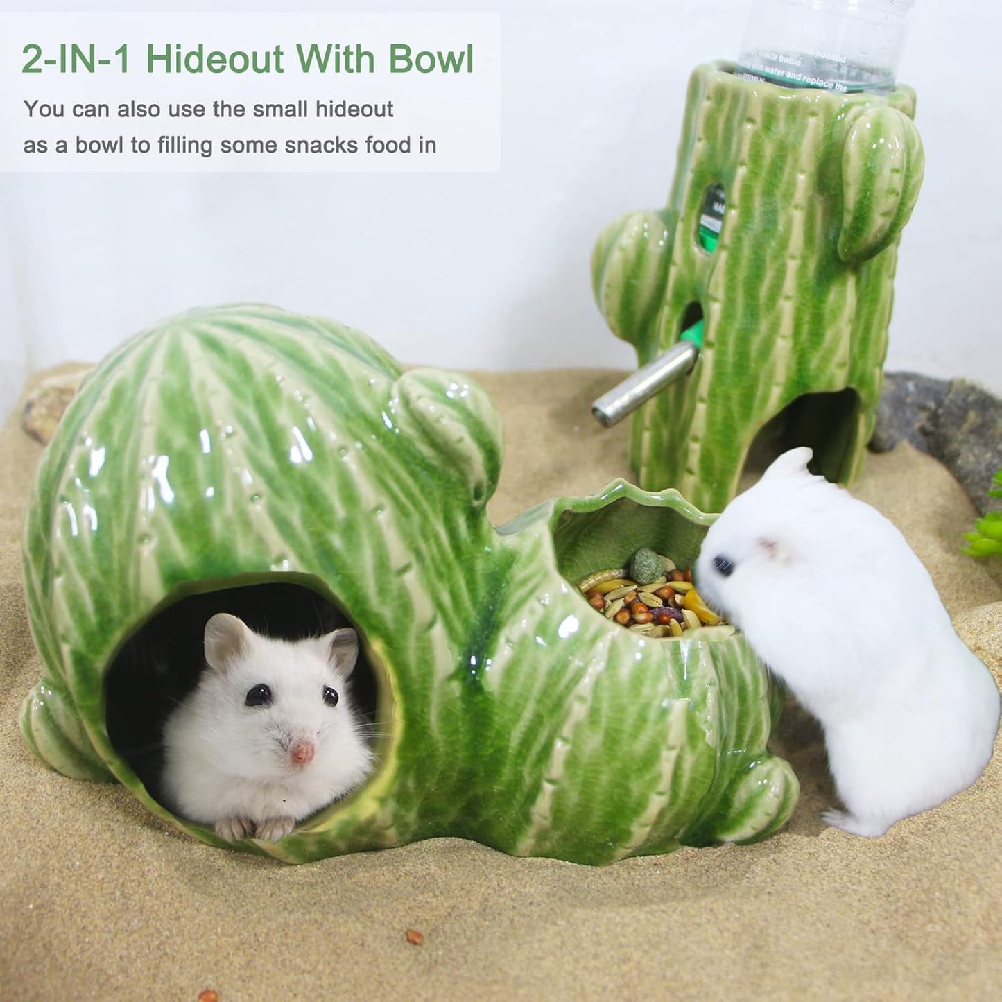 Ceramic Hamster Hideout, Dwarf & Syrian Hamster Hut with Double Doors, Anti-Bite Hideaway House for Mice & Gerbils (Light Green)