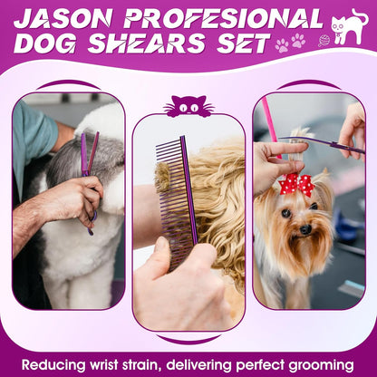 JASON Professional 6 in 1 Dog Shears Kit - 6.5" Thinning, 7" Straight, 7" Up-Curved, 7" Down-Curved Scissors and Comb for Cat, Pet with Adjustable Screw (Purple)