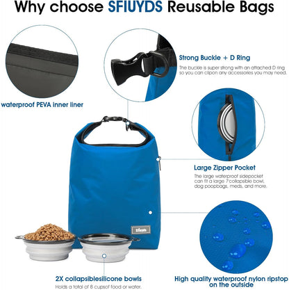 Pet Food Storage Bag,Dog Storage Organizer Bag w/2PCS Collapsible Dog Travel Bowls and Zipper Side Pocket for Home(Blue, Large)