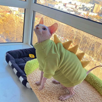Dinosaur Sphynx Cat Clothes, Soft Polar Fleece Sweater for Cat, Elastic Pet Clothes Thick Winter Warm Outfit for Hairless Cat, Devon, Cornish, Small Dogs Apparel with Sleeves (Green, Large)