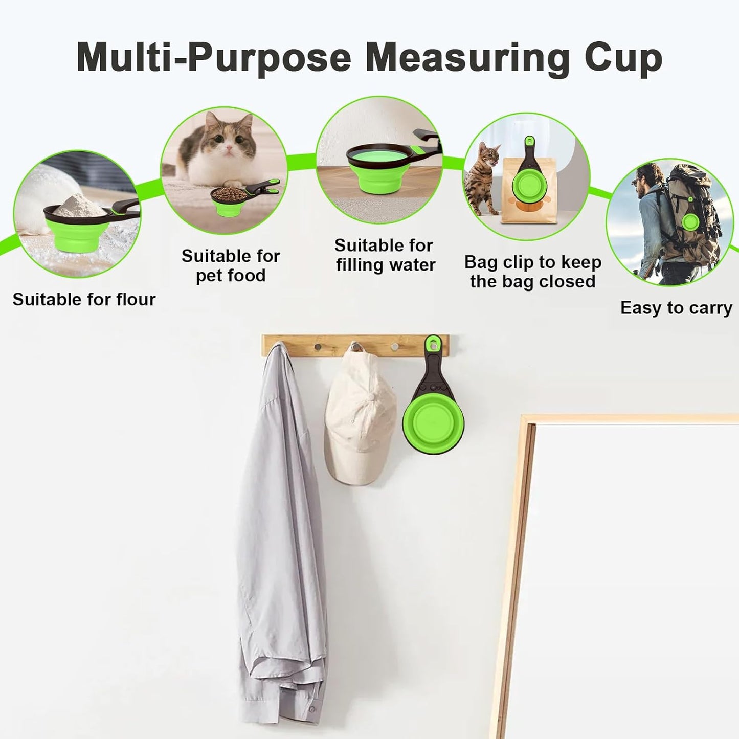 Collapsible Silicone Dog Food Scoop Foldable Pet Food Measuring Cup with Bag Clip 3 in 1 Multi-Function Silicone Dog Food Scooper (Green, Medium)