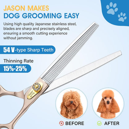 JASON 7.5" Dog Grooming Scissors - Professional Thinning Shear with 54 Teeth Japanese 440C Stainless Steel Blender Scissor for Dogs, Cats and Other Animals