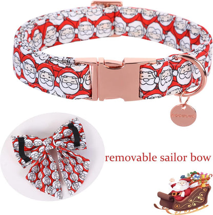 DOGWONG Cotton Dog Collar with Bowtie, Stylish Christmas Red Plaid Dog Collar Adjustable Puppy Necklace for Small and Medium Dogs