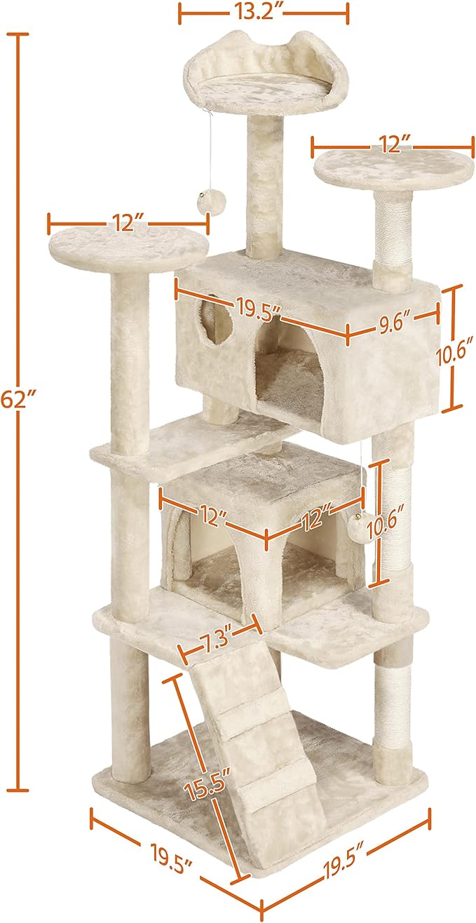 Yaheetech 62in Cat Tree Cat Tower for Indoor Cats, Cat Furniture w/Double Condo, Scratching Posts, Multiple Platforms and Balls for Kittens & Cats, Beige