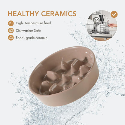 Ceramic 0.9 Cup Dog Raised Slow Feeder Set, Elevated Bowl with Wooden Stand for Small Dog, 6.1inch Pet Slow Feeder Dish for Fast Easters, Preventing Choking (Brown Coffee, Single Bowl+ Stand)