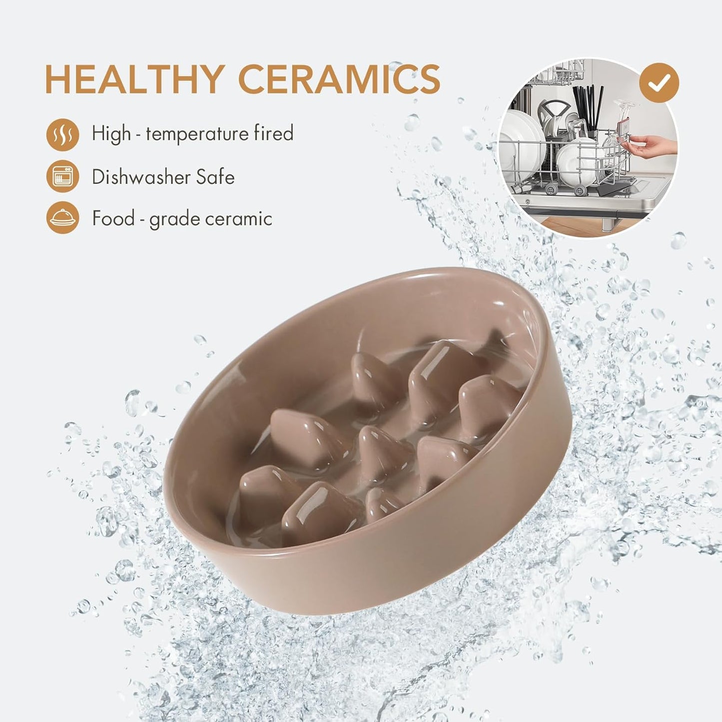 Ceramic 1.2 Cup Raised Slow Feeder Dog Bowl Set, Elevated 6.1inch Bowl and 7.3inch Slow Pet Food Dish with Wooden Stand for Small and Medium Dog (2 x Brown Coffee+ Stand)