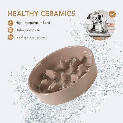 Ceramic 7.3 inch Dog Bowl Slow Feeder, Slow Pet Food Dish for Medium and Small Dog, Stop Bloat, Preventing Choking(Single Bowl, Brown Coffee)