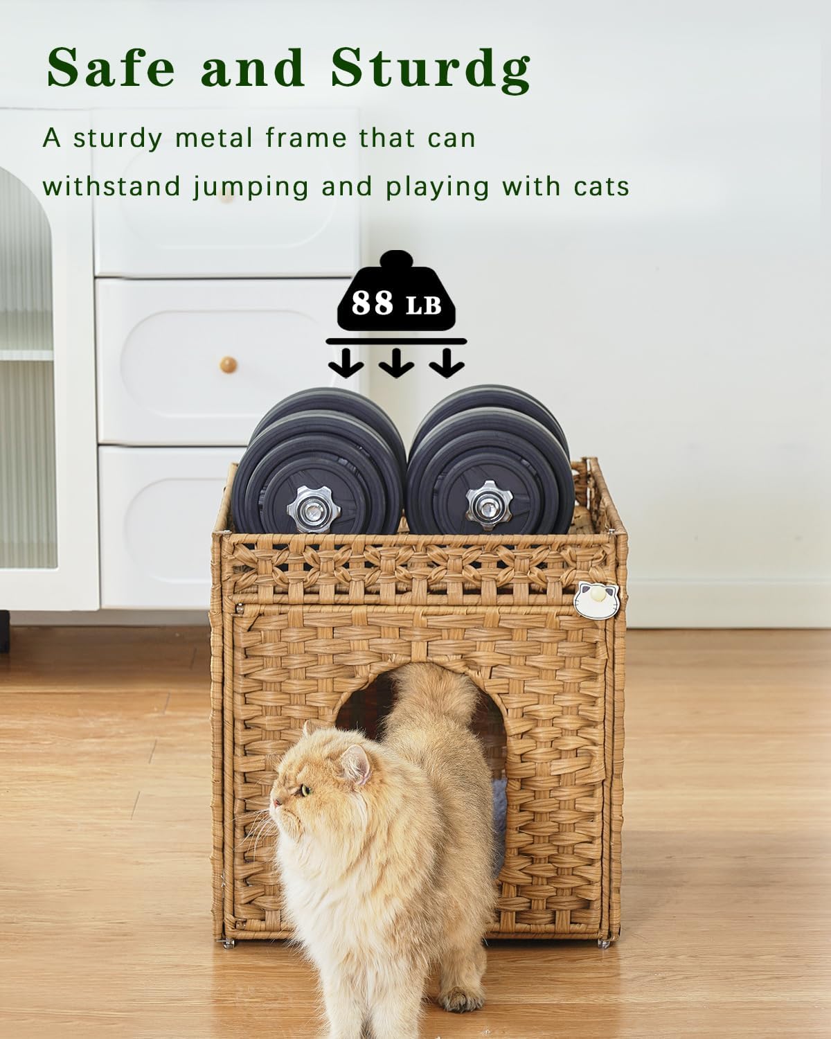 Cat Beds for Indoor Cats Extra Large Double Cat Cave Pet Cube, Handwoven Rattan Cat Houses with Double-Sided Soft Cushions, 18.5 x 20.5 x 19.1 Inches Foldable Hideaway in Living Room Natural