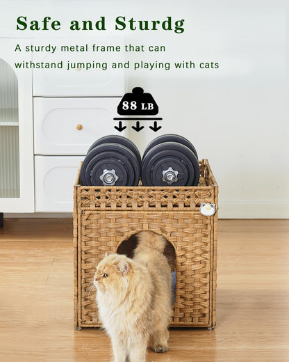 Cat Beds for Indoor Cats Extra Large Double Cat Cave Pet Cube, Handwoven Rattan Cat Houses with Double-Sided Soft Cushions, 18.5 x 20.5 x 19.1 Inches Foldable Hideaway in Living Room Natural