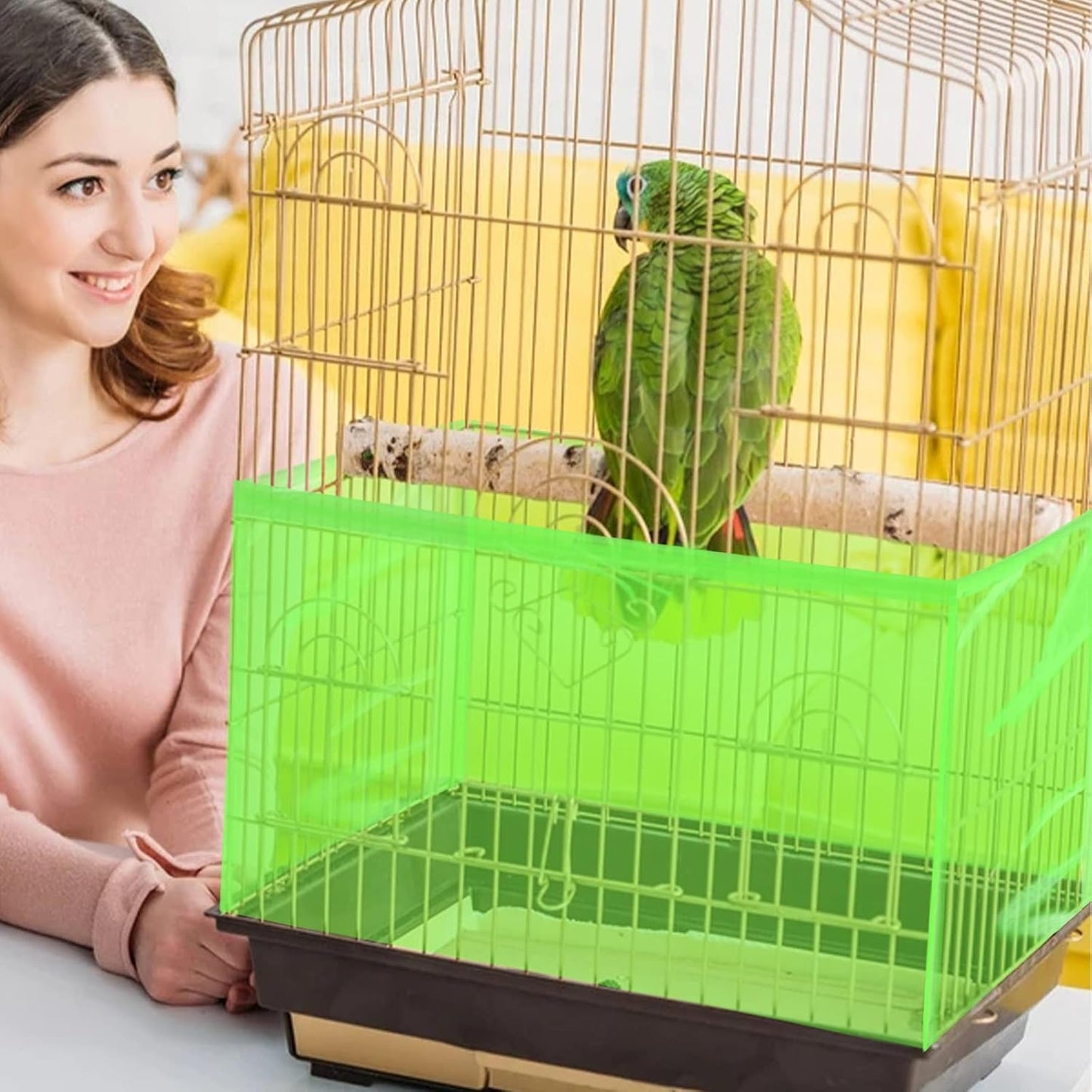 Daoeny Large Bird Cage Cover, Bird Cage Seed Catcher, Adjustable Soft Airy Nylon Mesh Net, Birdcage Cover Skirt Seed Guard for Parrot Parakeet Macaw African Round Square Cages (Green)